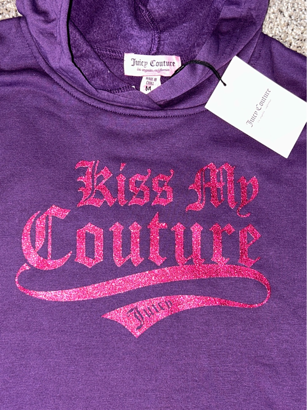 JUICY COUTURE GLITTER KISS MY COUTURE SHADOW PURPLE FLEECE HOODIE NWT - Picture 7 of 7